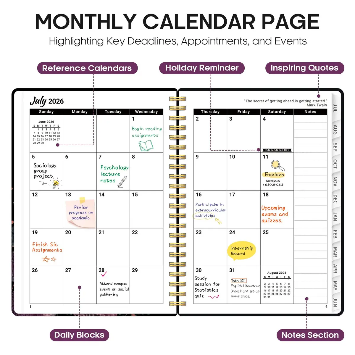 Taja Academic Planner 2026-2027, Monthly & Weekly Jul 2026-Jun 2027 Planner, 146 Pages (A5 Size) - view 2