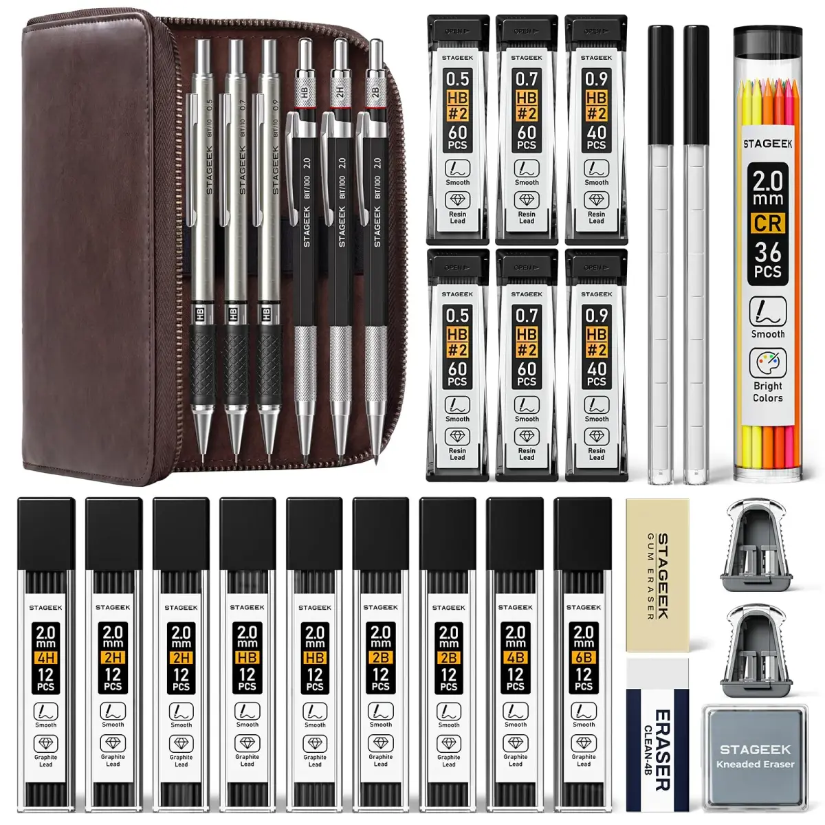 STAGEEK Mechanical Pencil Set with Leather Bag, 0.5/0.7/0.9/2.0mm, 30-Piece | Smooth Ink Flow - main product image