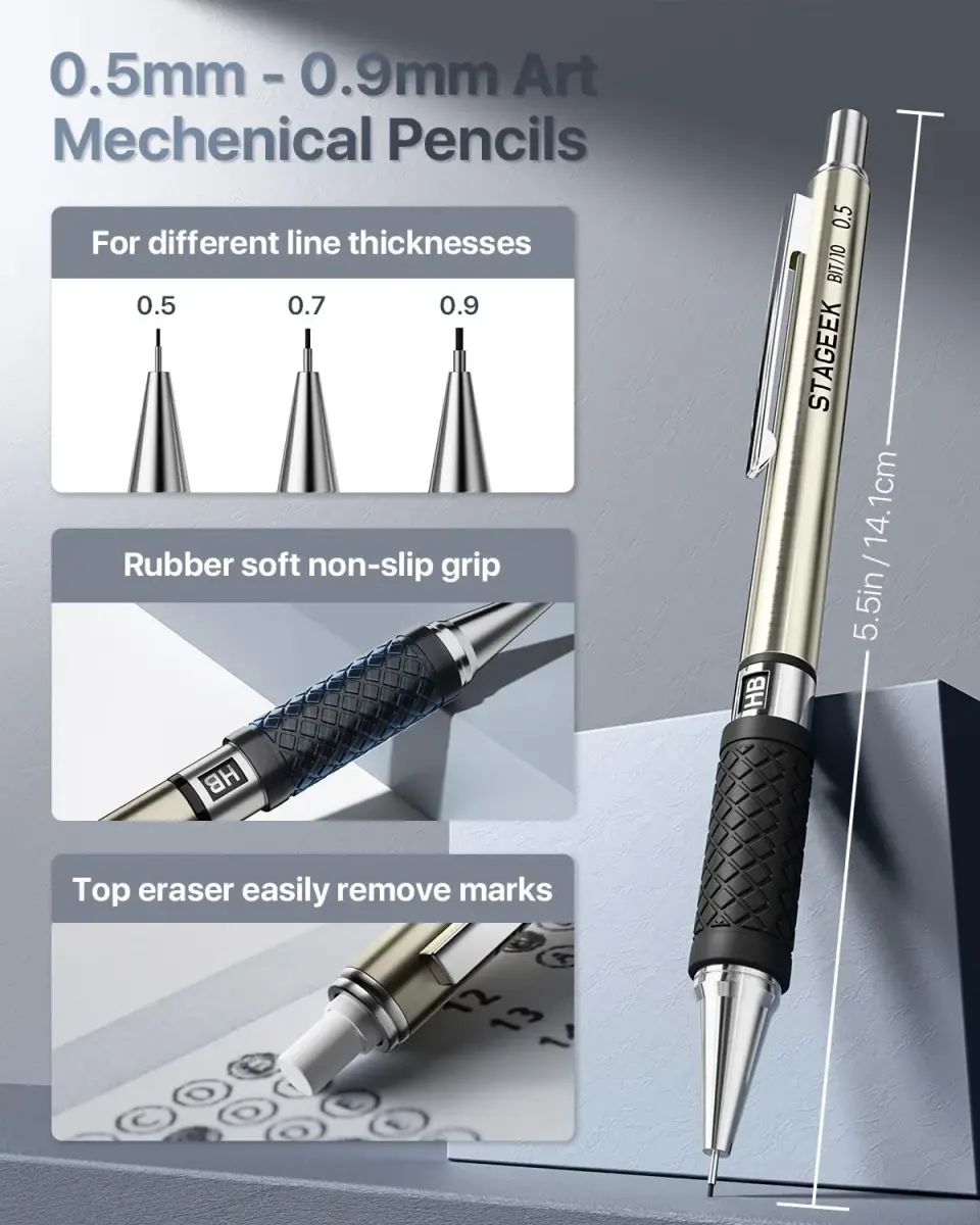 STAGEEK Mechanical Pencil Set with Canvas Bag, 0.5mm, 0.7mm, 0.9mm, 2.0mm & 464 Lead Refills | Smooth Writing for Students & Professionals - view 4