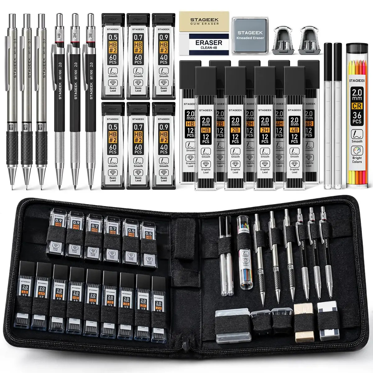 STAGEEK Mechanical Pencil Set with Canvas Bag, 0.5mm, 0.7mm, 0.9mm, 2.0mm & 464 Lead Refills | Smooth Writing for Students & Professionals - main product image