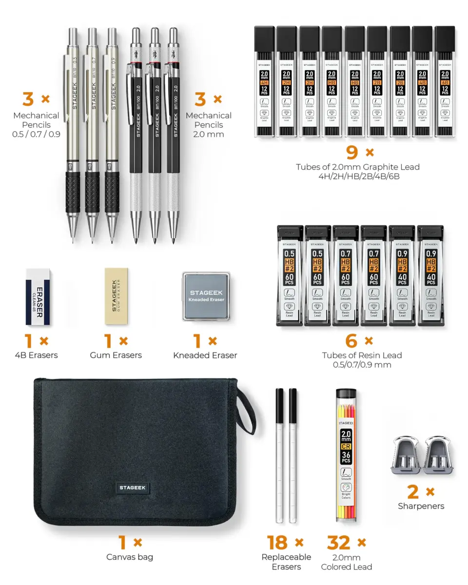 STAGEEK Mechanical Pencil Set with Canvas Bag, 0.5mm, 0.7mm, 0.9mm, 2.0mm & 464 Lead Refills | Smooth Writing for Students & Professionals - view 8