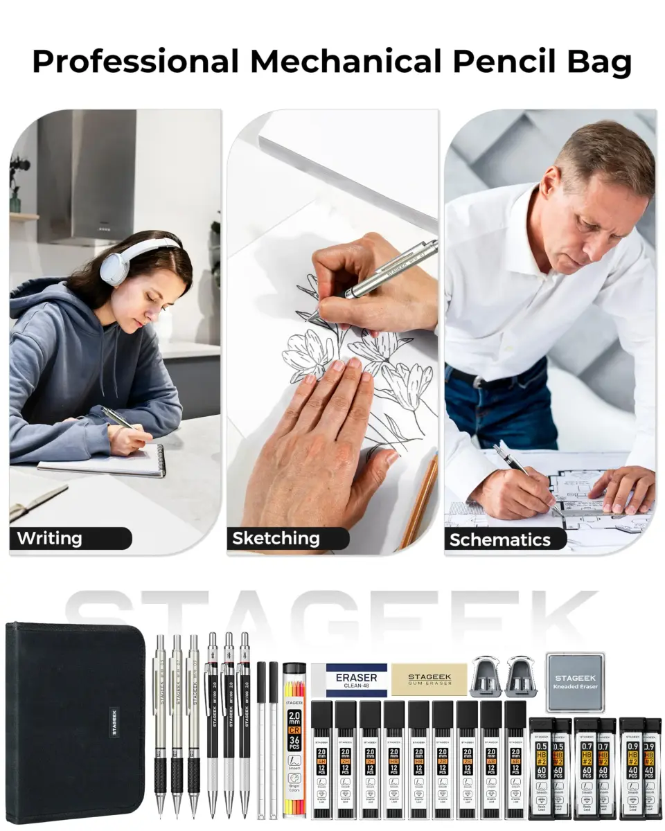 STAGEEK Mechanical Pencil Set with Canvas Bag, 0.5mm, 0.7mm, 0.9mm, 2.0mm & 464 Lead Refills | Smooth Writing for Students & Professionals - view 3