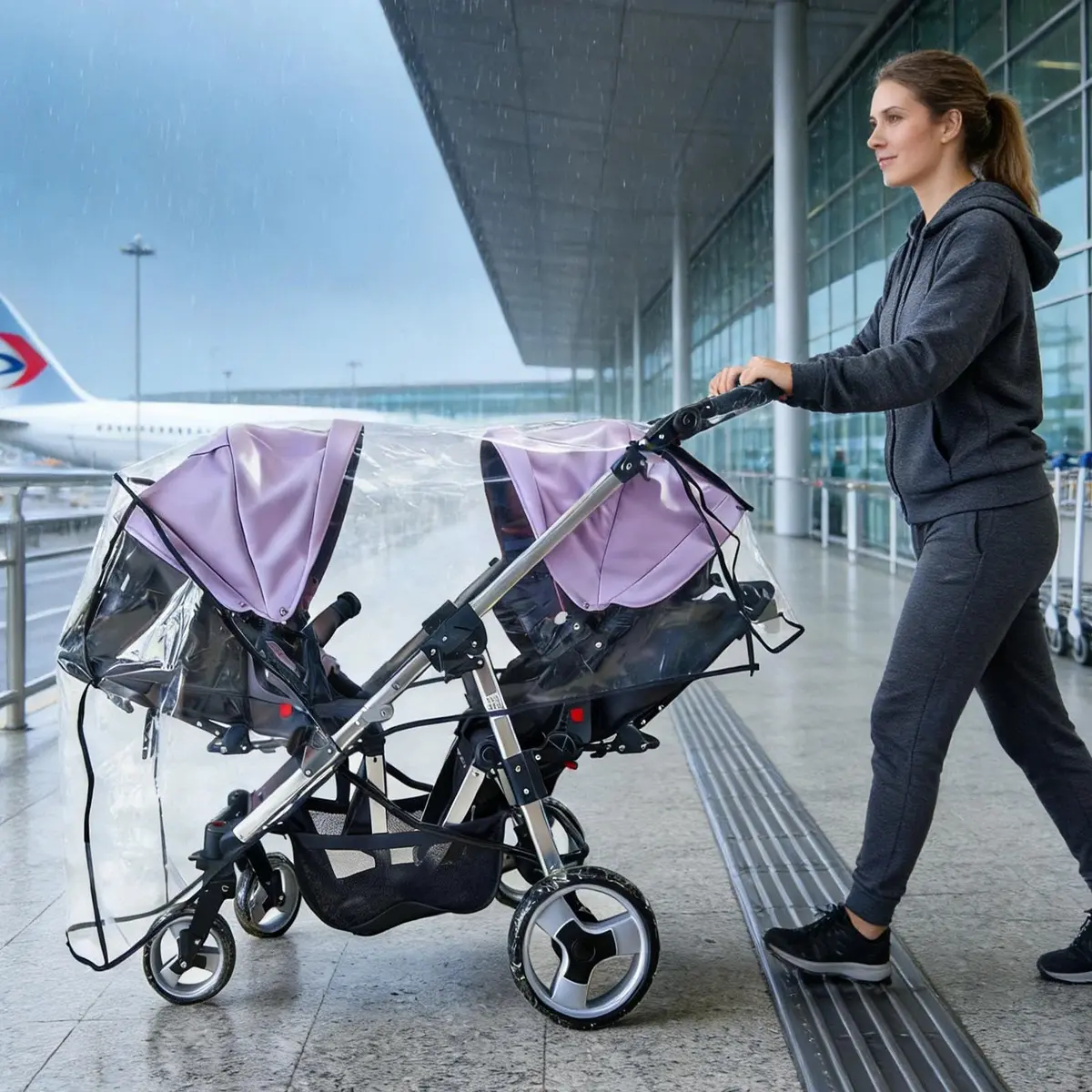 HSJH Double Stroller Rain Cover | Waterproof Weather Shield for Tandem Twin Strollers with Large See-Through Window - view 6