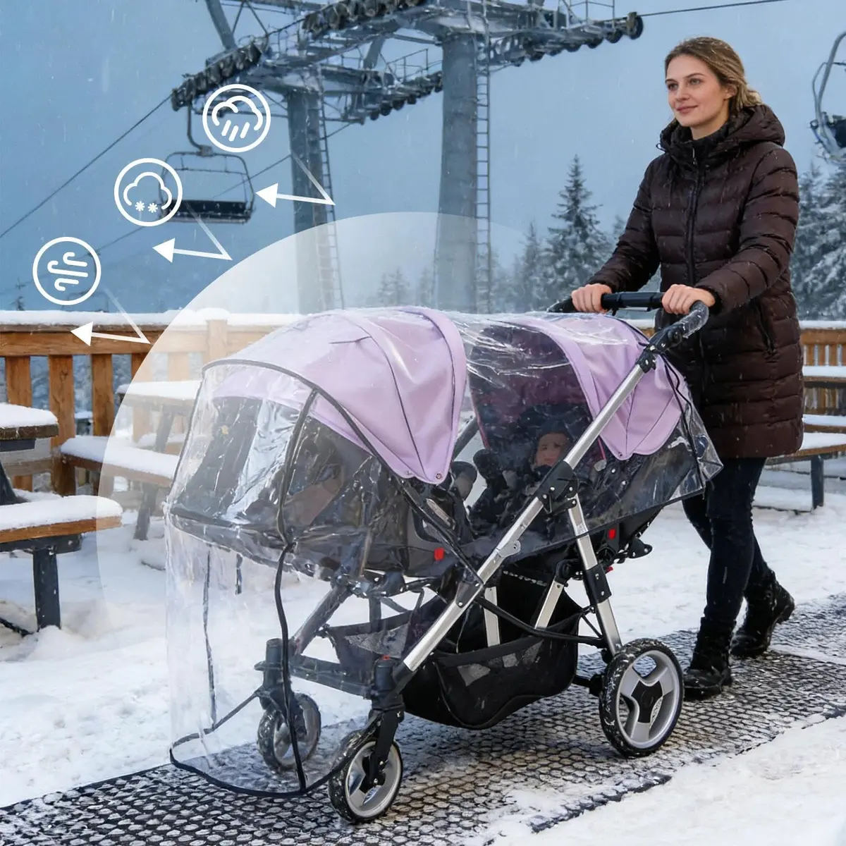 HSJH Double Stroller Rain Cover | Waterproof Weather Shield for Tandem Twin Strollers with Large See-Through Window - view 3