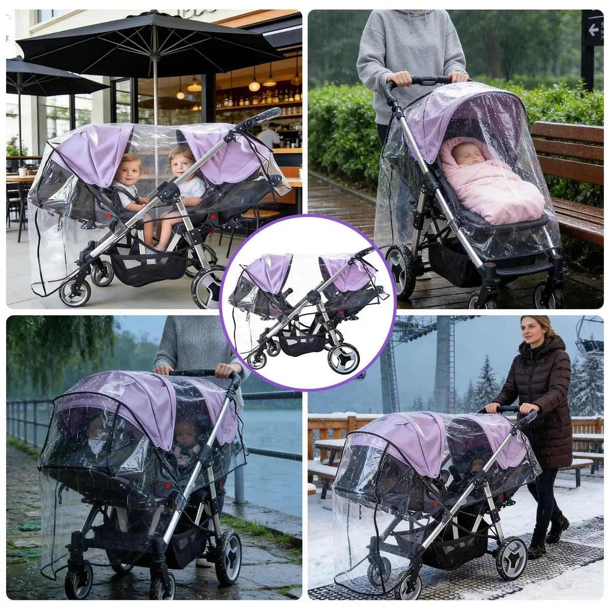 HSJH Double Stroller Rain Cover | Waterproof Weather Shield for Tandem Twin Strollers with Large See-Through Window - view 4