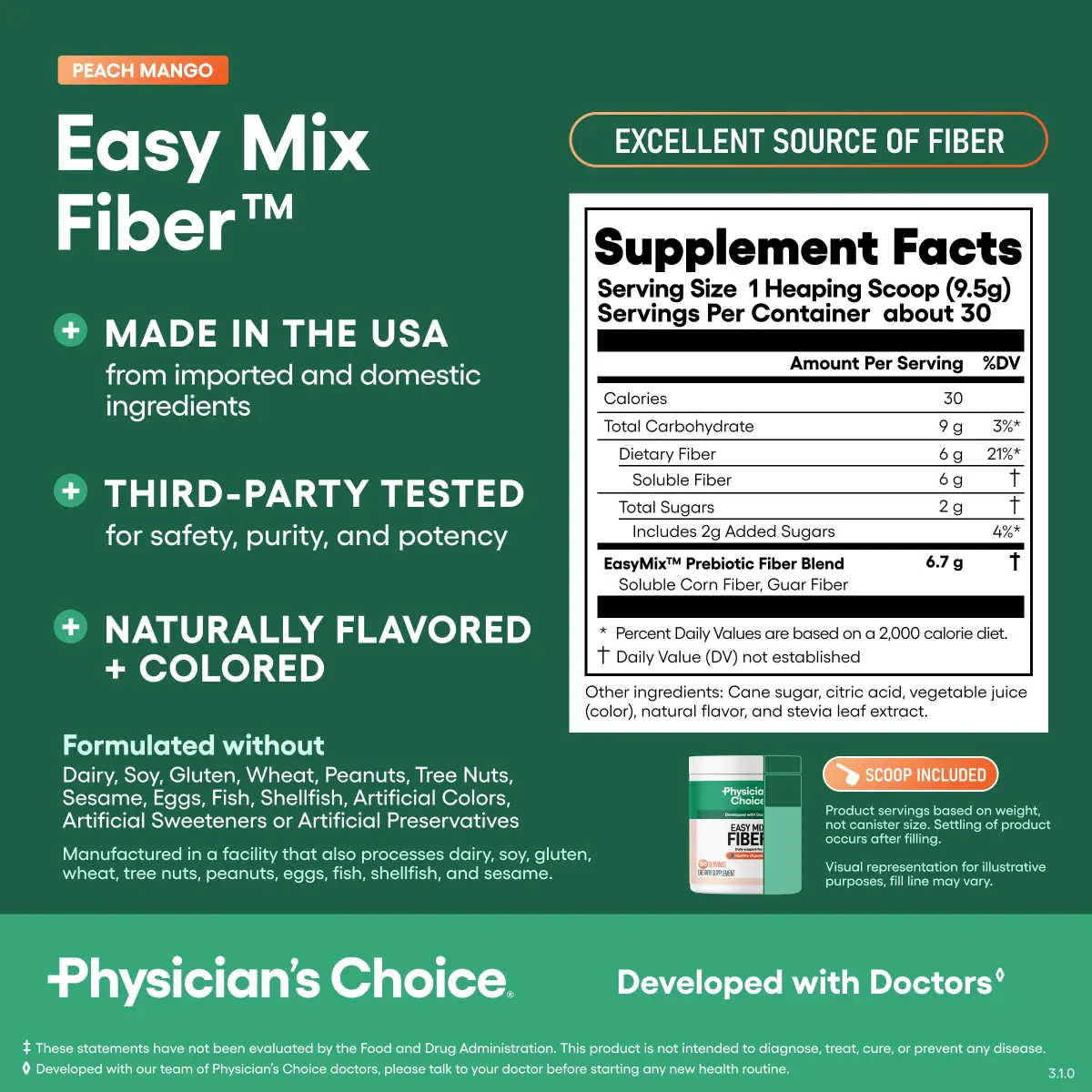 Physician's CHOICE Easy Mix Fiber Powder Peach Mango 10oz (283g) | Doctor-Developed Prebiotic Fiber for Gut Health - view 7
