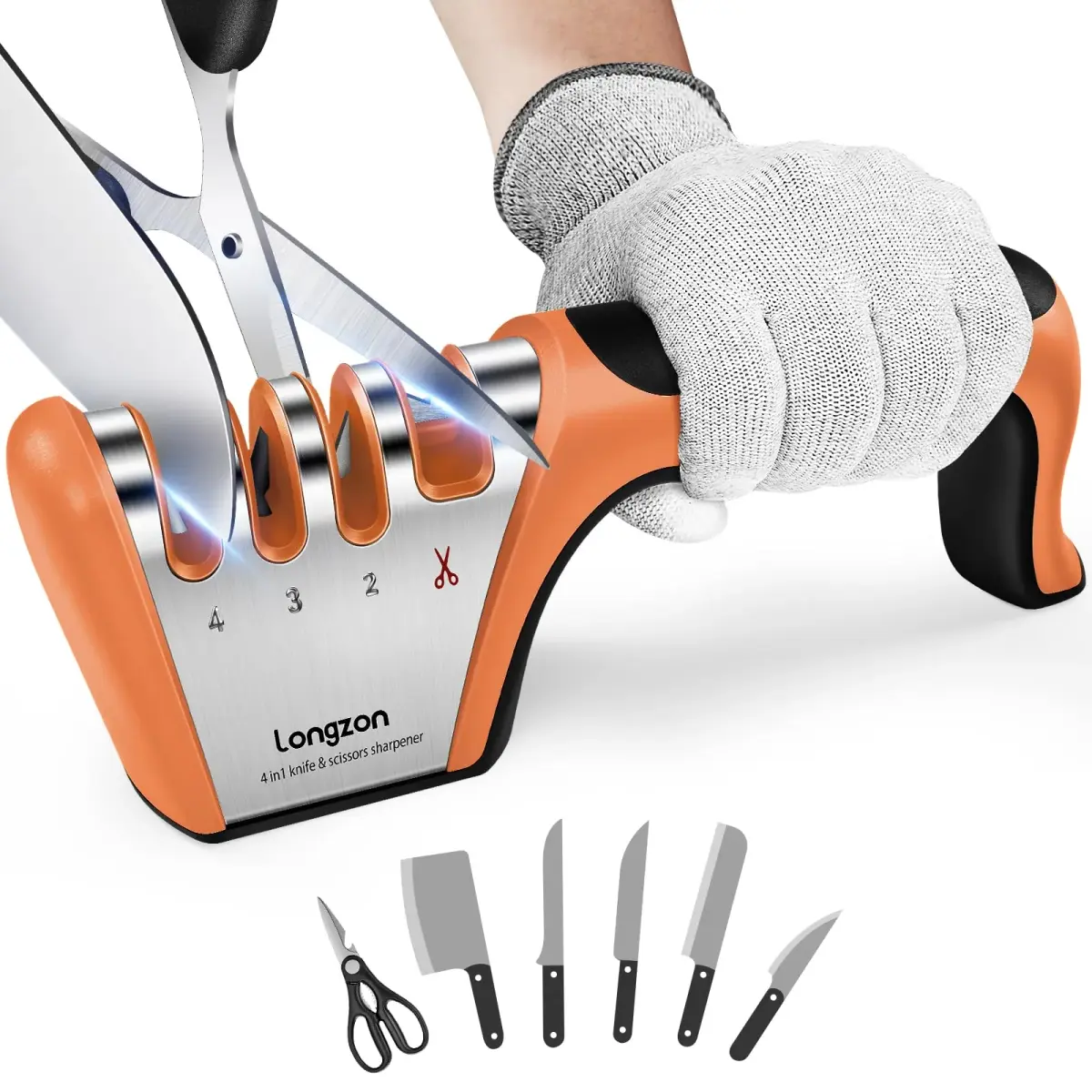 Longzon 4-Stage Knife Sharpener with Cut-Resistant Glove, Black+Orange | Restores Dull Blades in Seconds - main product image