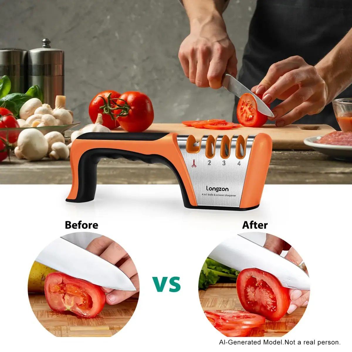 Longzon 4-Stage Knife Sharpener with Cut-Resistant Glove, Black+Orange | Restores Dull Blades in Seconds - view 6