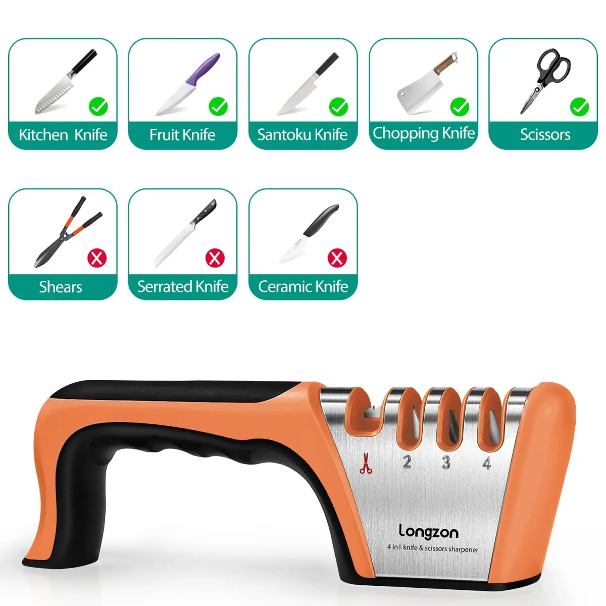 Longzon 4-Stage Knife Sharpener with Cut-Resistant Glove, Black+Orange | Restores Dull Blades in Seconds - view 3