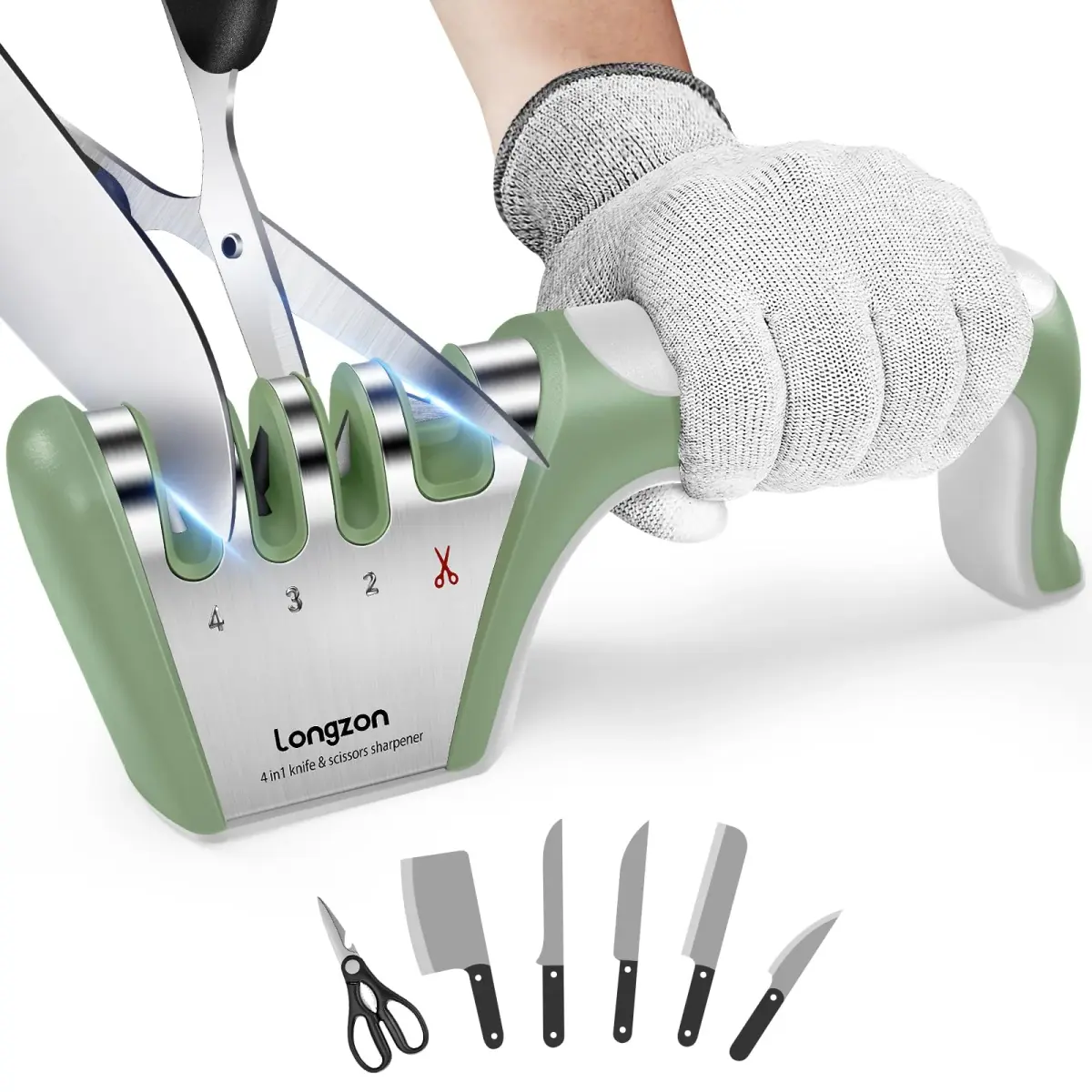 Longzon 4-Stage Knife Sharpener with Cut-Resistant Glove, Gray+Green | Sharpens All Blades Effortlessly - main product image