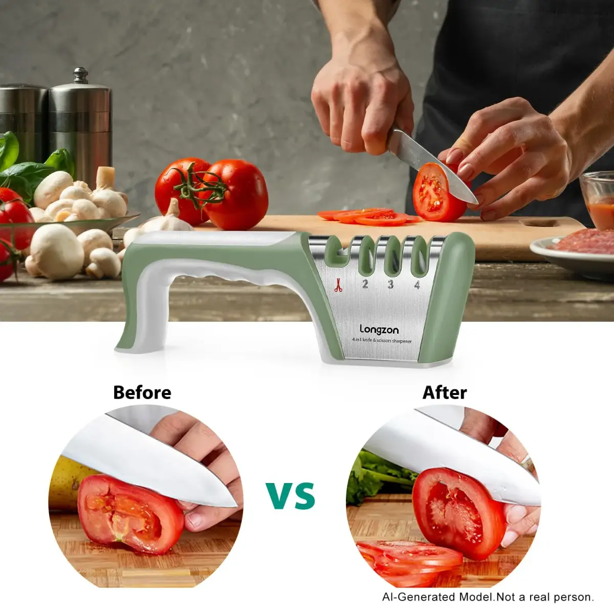 Longzon 4-Stage Knife Sharpener with Cut-Resistant Glove, Gray+Green | Sharpens All Blades Effortlessly - view 7