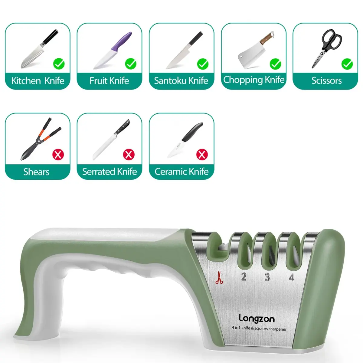 Longzon 4-Stage Knife Sharpener with Cut-Resistant Glove, Gray+Green | Sharpens All Blades Effortlessly - view 3
