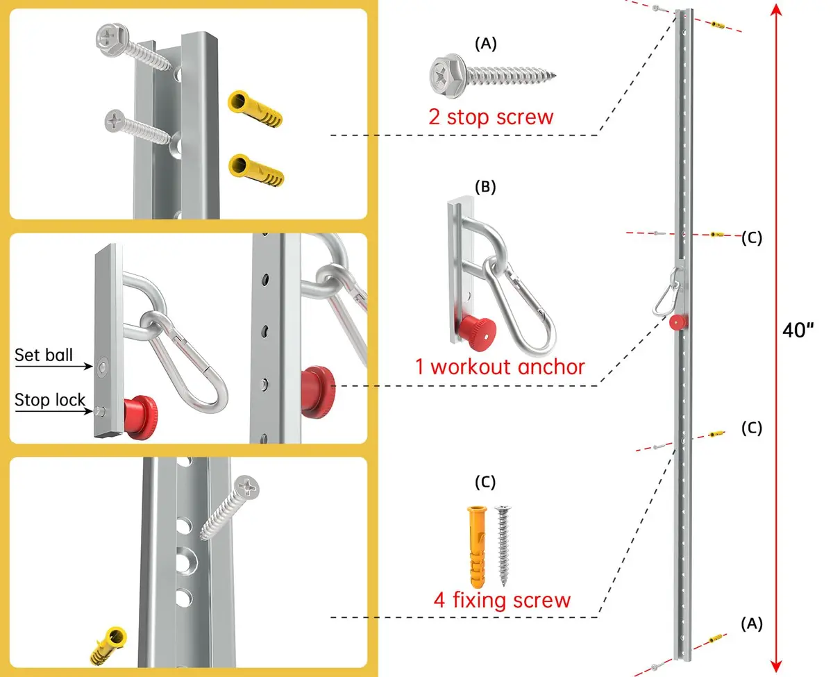 KOMOHOM Adjustable Resistance Band Wall Anchor System with Automatic Locking Function 80" (203 cm) | Heavy Duty Steel Mount for Home Gyms - view 6