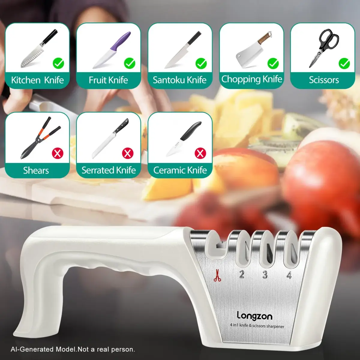 Longzon 4-Stage Knife Sharpener with Cut-Resistant Glove, Off-White | Restores Dull Blades in Seconds - view 3