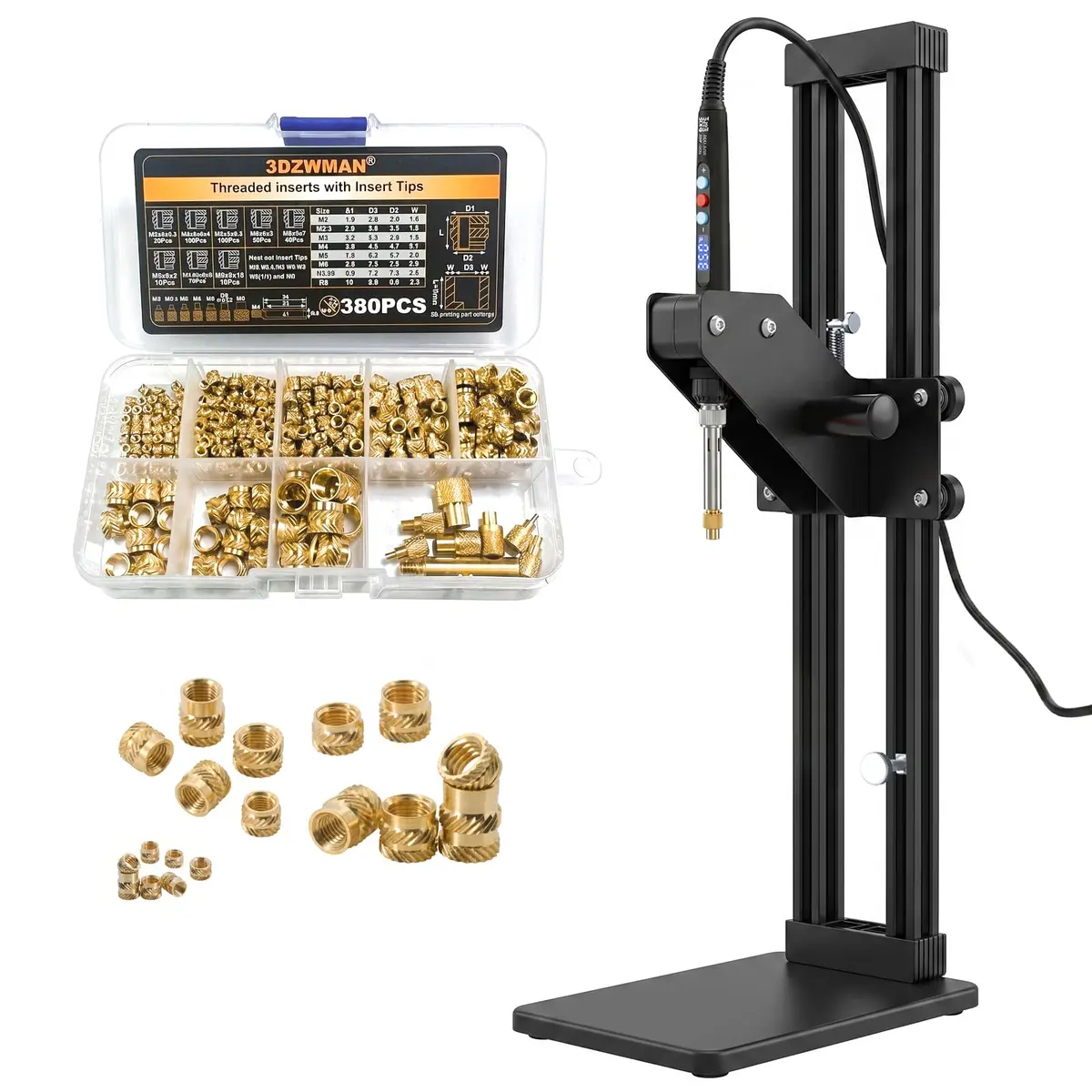 3DZWMAN Vertical Heat Set Insert Tool with 380PCS Inserts & Tips M2-M8 | 410mm Insertion Height, Aluminum Structure, 1.8kg - main product image