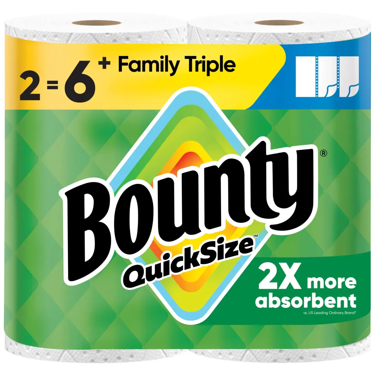 Bounty Quick Size Paper Towels White 2 Family Triple Rolls (282 Sheets) | 2x More Absorbent, Durable Diamond Texture - main product image