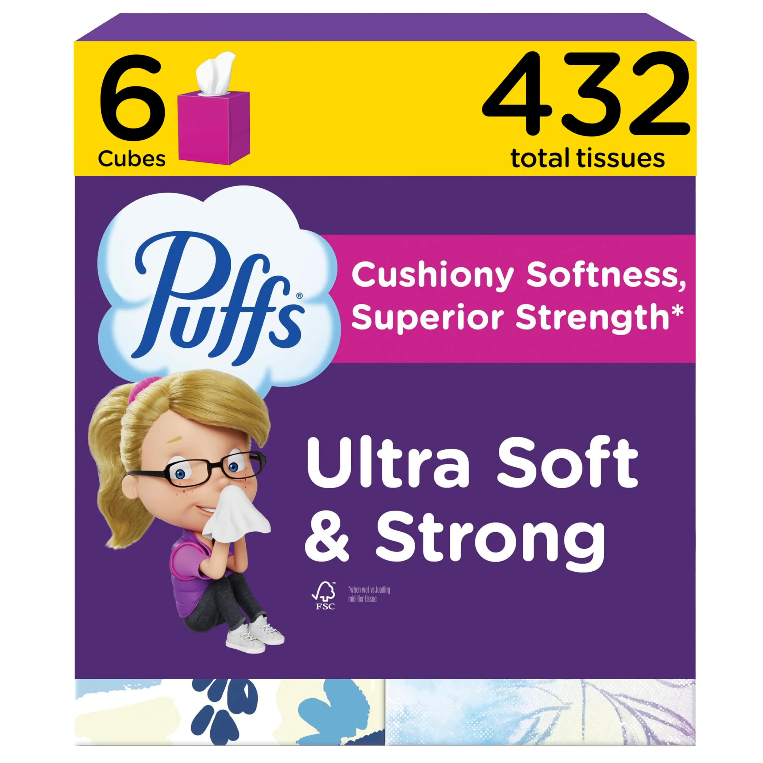 Puffs Ultra Soft Facial Tissues Mega Cube, 72 Tissues Per Cube, 6 Count | Dermatologist Tested Gentle Softness - main product image