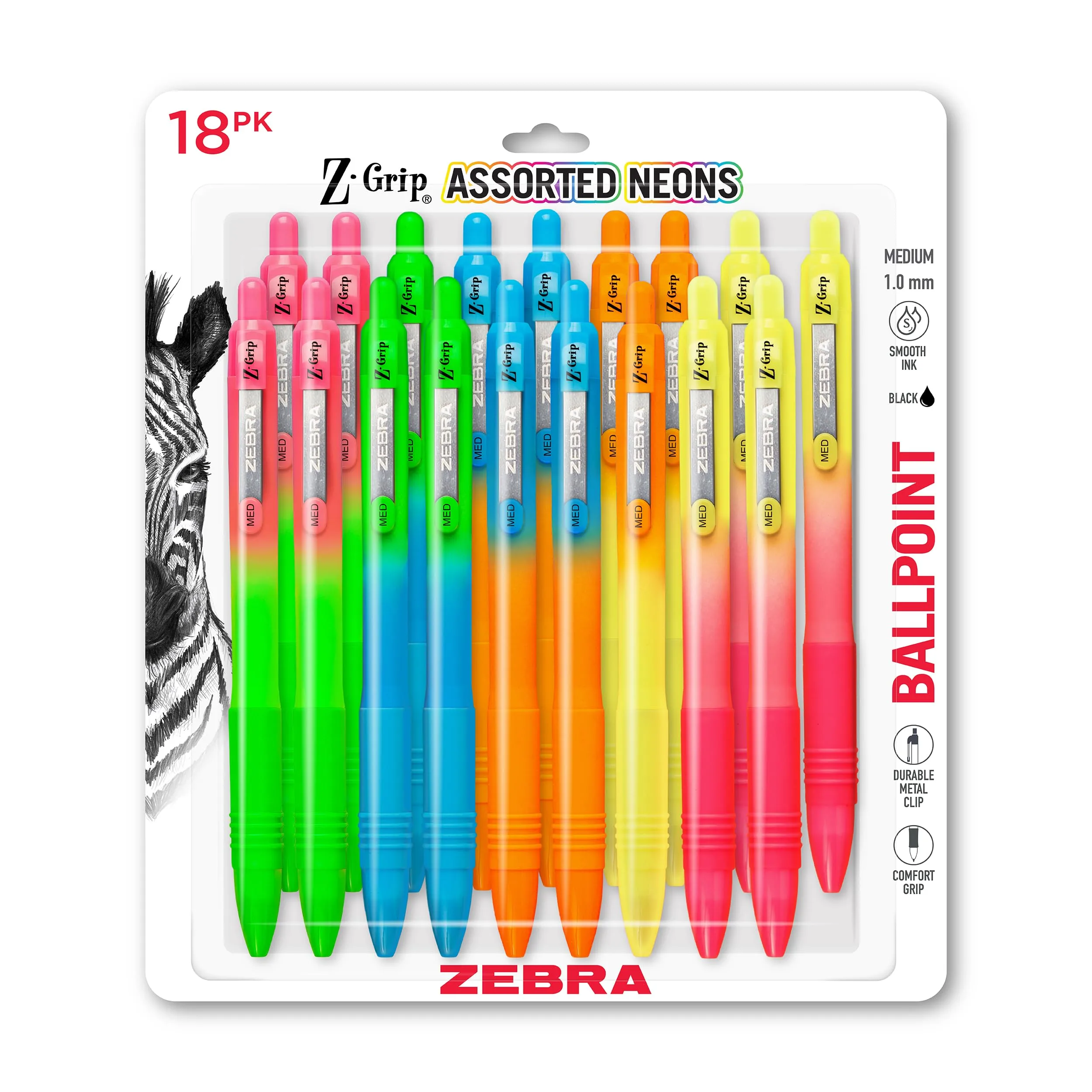 Zebra Pen Z-Grip Retractable Ballpoint Pen, Smooth-Flowing Black Ink, 1.0mm Medium Point, Assorted Ombre Neon Barrels, 18-Pack - main product image