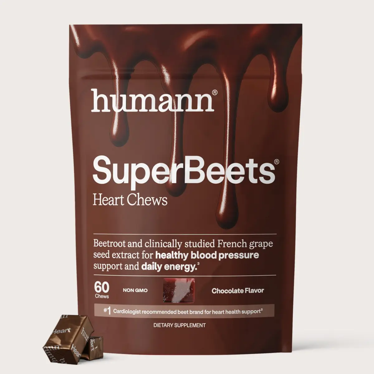 Humann SuperBeets Heart Chews Chocolate Flavor 60 Count (1.7 oz) | Nitric Oxide & Blood Pressure Support - main product image