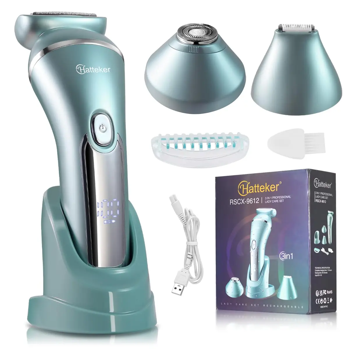 Hatteker 3-in-1 Women's Electric Shaver & Epilator Kit, IPX7 Waterproof, Cordless USB Rechargeable - main product image