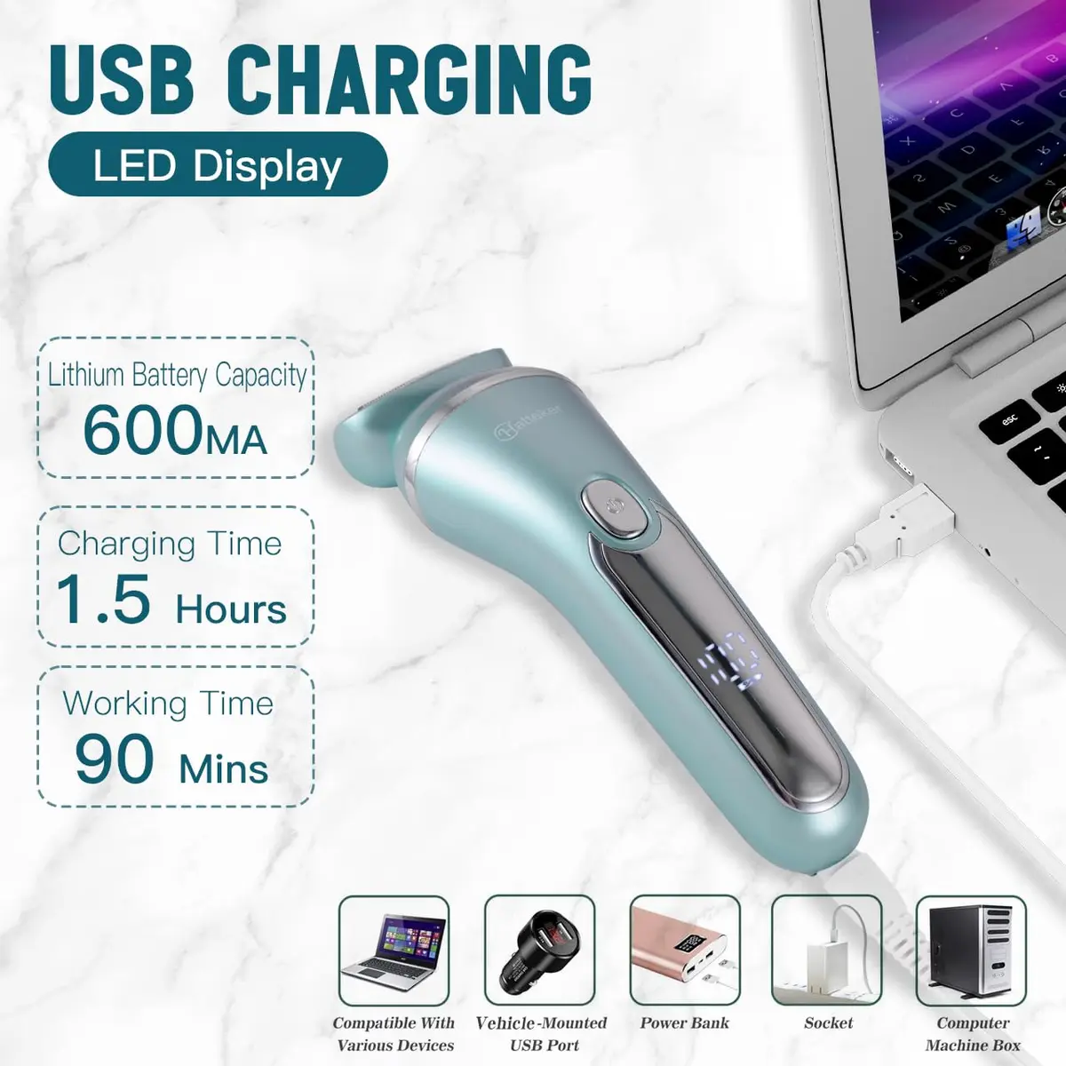 Hatteker 3-in-1 Women's Electric Shaver & Epilator Kit, IPX7 Waterproof, Cordless USB Rechargeable - view 5