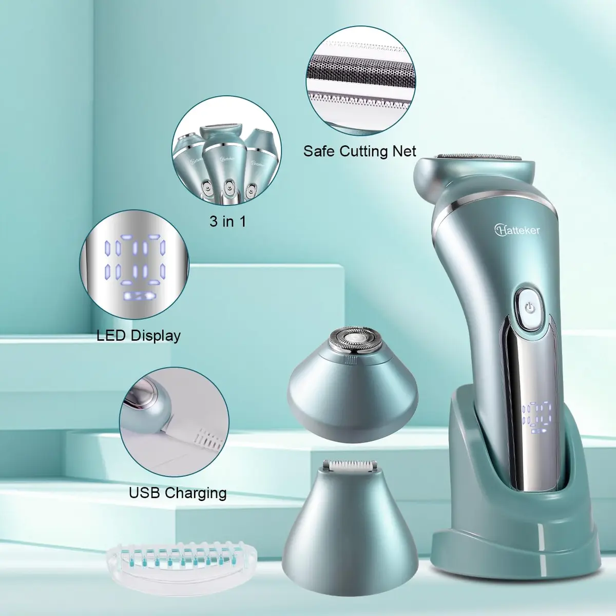 Hatteker 3-in-1 Women's Electric Shaver & Epilator Kit, IPX7 Waterproof, Cordless USB Rechargeable - view 7