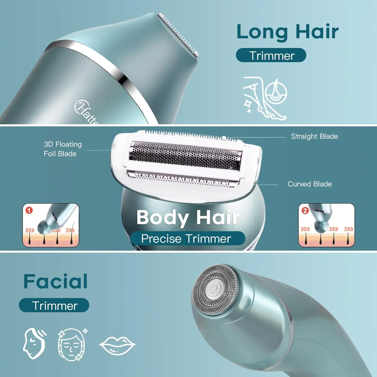 Hatteker 3-in-1 Women's Electric Shaver & Epilator Kit, IPX7 Waterproof, Cordless USB Rechargeable - view 4