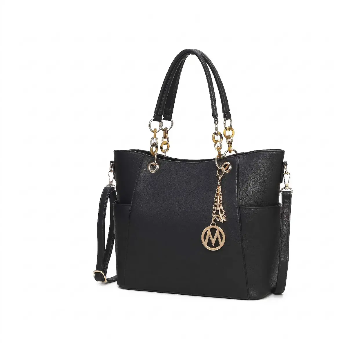 MKF Collection Merlina Tote Bag for Women, Vegan Leather Handbag with Acrylic Chain Accent, Black (13.5" W x 11" H x 5" D) - main product image