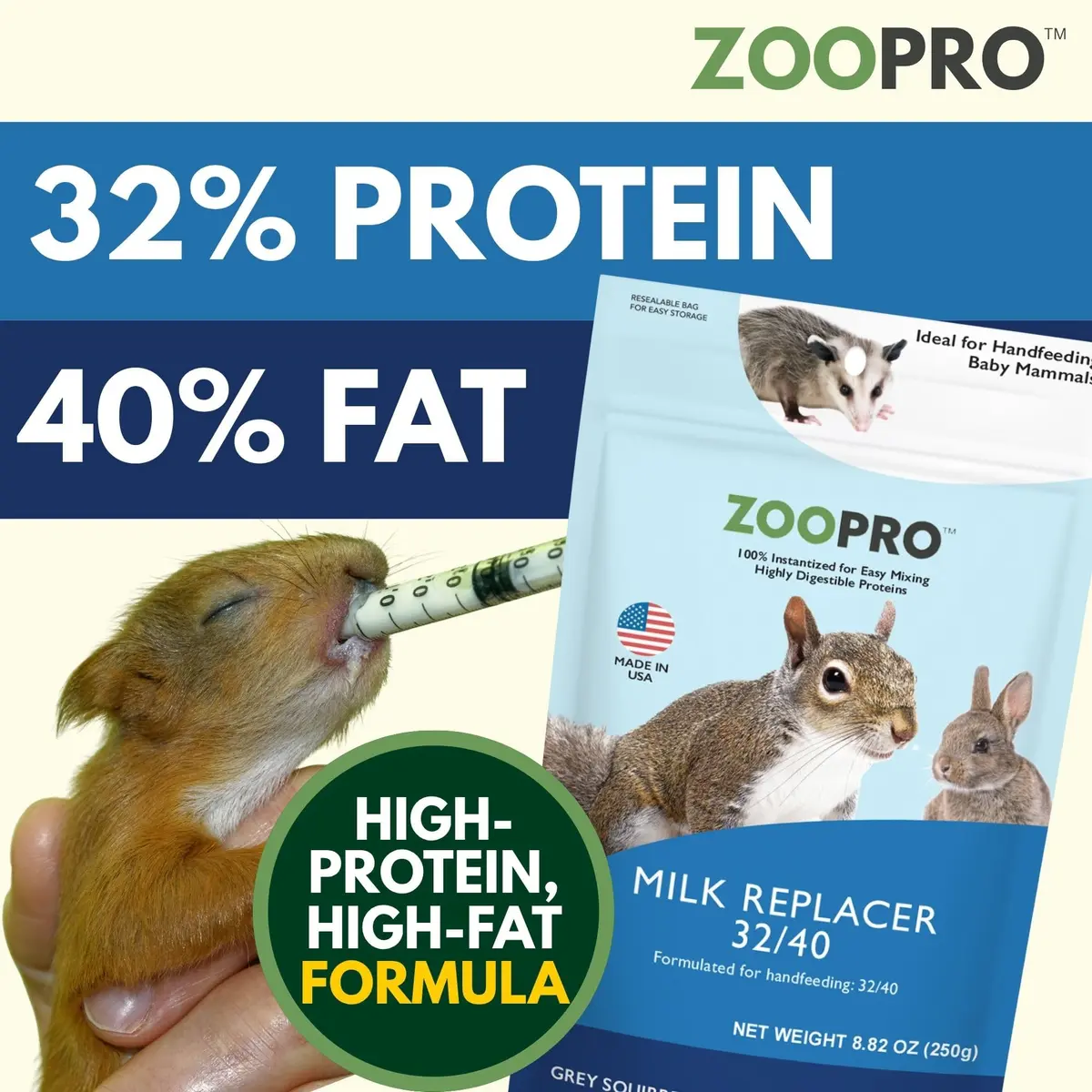 Exotic Nutrition ZooPro Milk Replacer 32/40 Formula 247ml (8.8oz) | For Baby Squirrels, Rabbits, Opossums, Raccoons - view 2