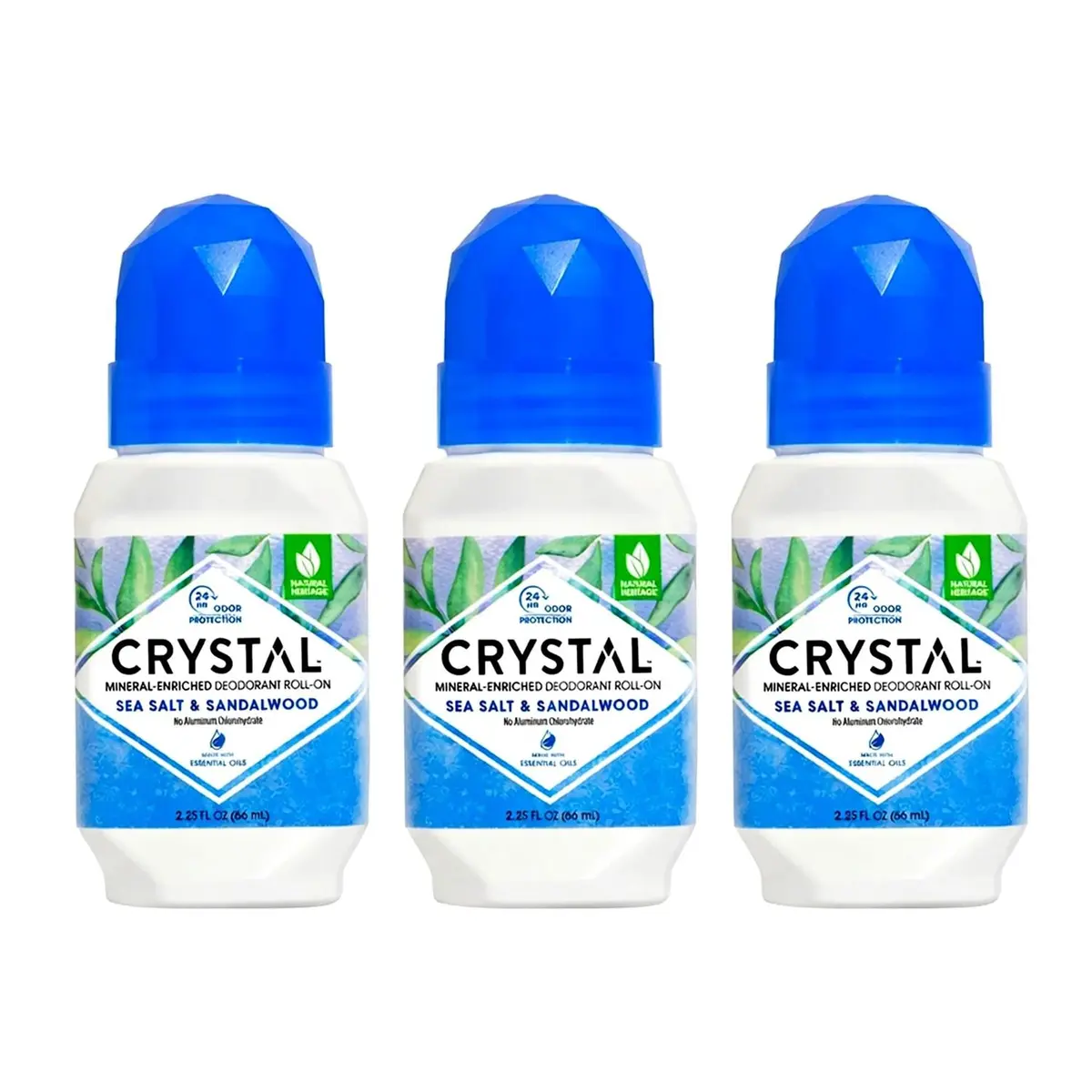 Crystal Essence Mineral Deodorant Roll-On Sea Salt & Sandalwood 2.25 Fl Oz Pack of 3 | 24-Hour Odor Control, Aluminum & Paraben Free - main product image