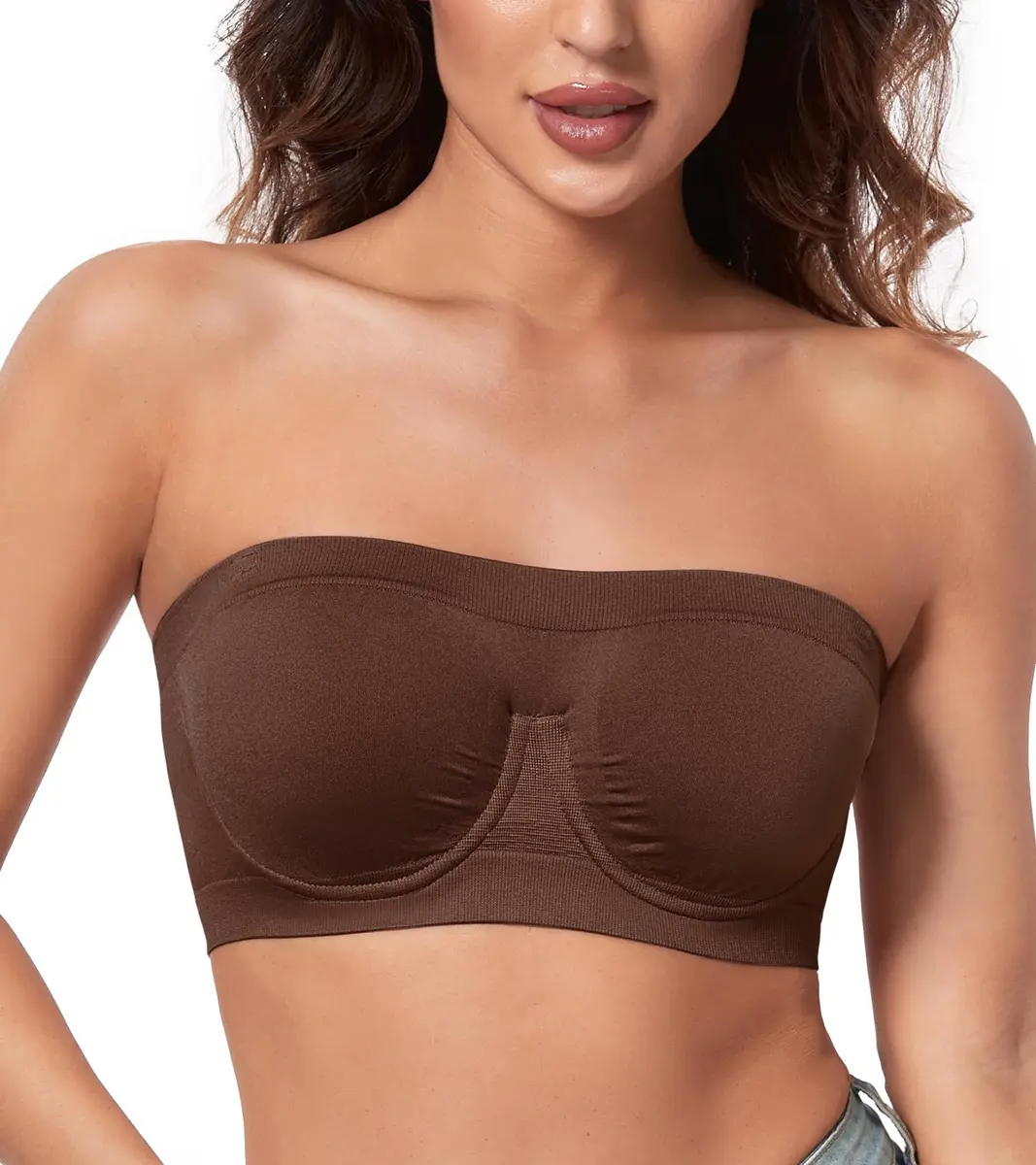HACI Women's Non Padded Strapless Bra Underwire Bandeau (Brown, XX-Large) | Supportive, Seamless & Comfortable Fit - main product image