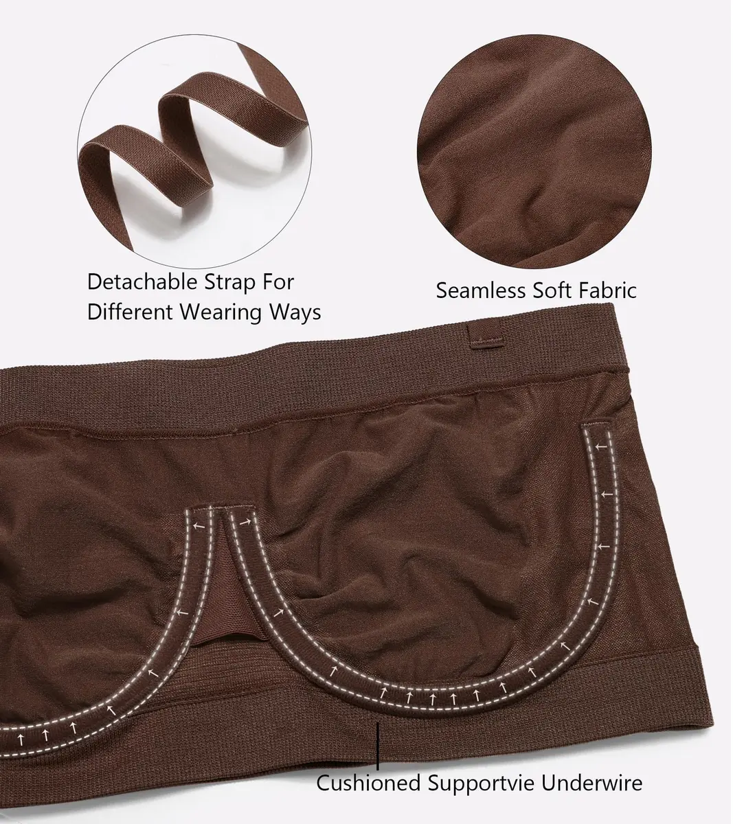 HACI Women's Non Padded Strapless Bra Underwire Bandeau (Brown, XX-Large) | Supportive, Seamless & Comfortable Fit - view 5