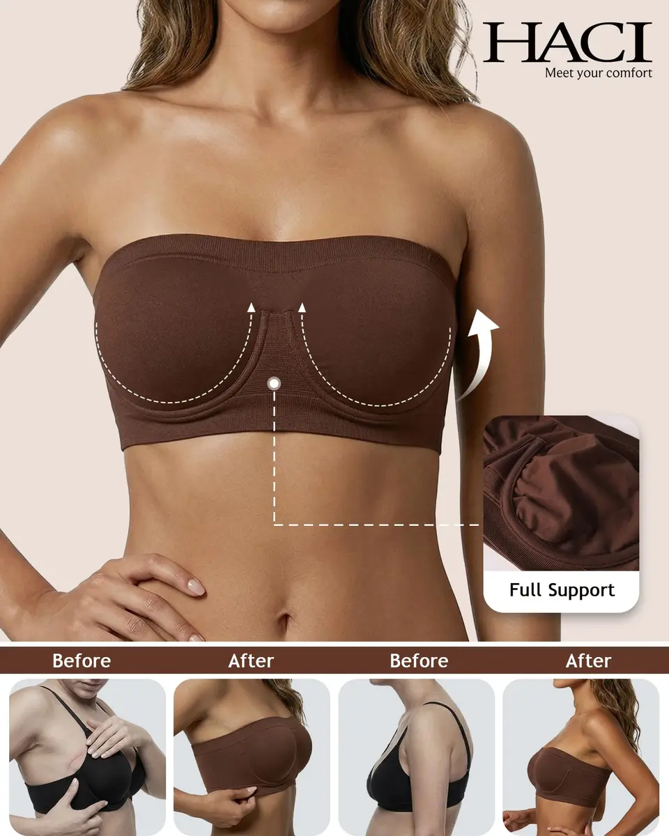 HACI Women's Non Padded Strapless Bra Underwire Bandeau (Brown, XX-Large) | Supportive, Seamless & Comfortable Fit - view 2
