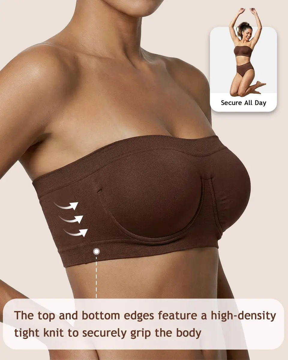 HACI Women's Non Padded Strapless Bra Underwire Bandeau (Brown, XX-Large) | Supportive, Seamless & Comfortable Fit - view 3