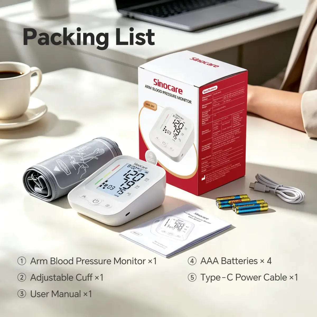 Sinocare ARM-30V Automatic Arm BP Monitor (8.6-16.5 inch Cuff) | FDA Cleared with Backlit LCD & Dual Power - view 8