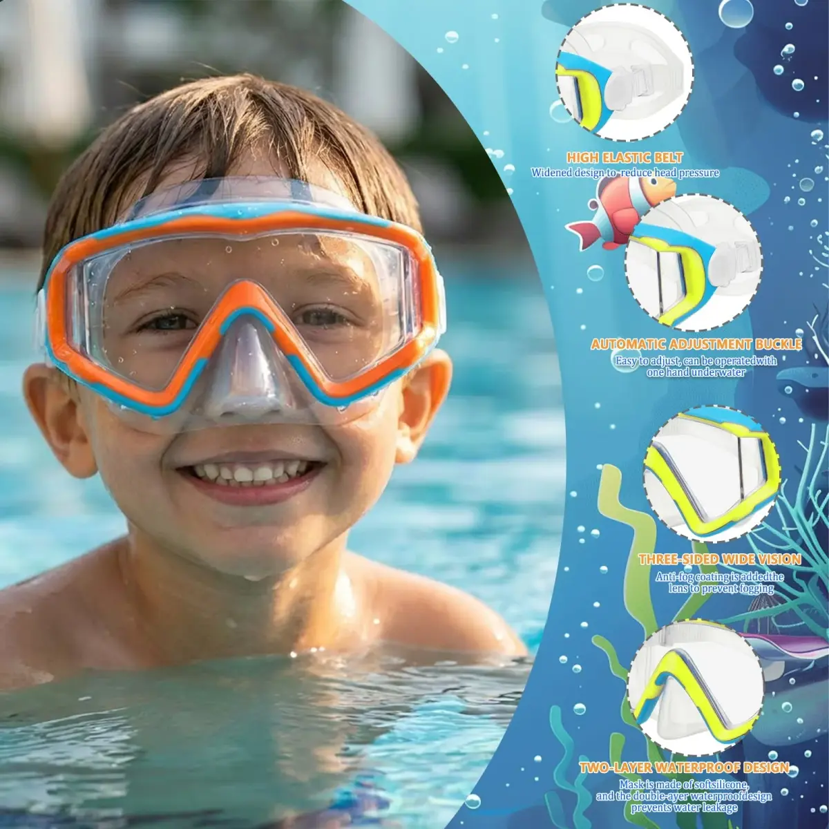 AQUA A DIVE SPORTS Kids Blue Pink/Blue Yellow Single Lens Diving Mask | Wide 180° View - view 3