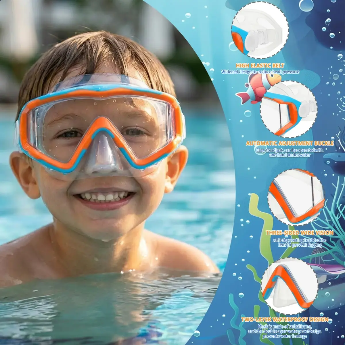 AQUA A DIVE SPORTS Blue Orange/Blue Pink Kids Diving Mask with 180° Wide View Anti-Fog - view 3