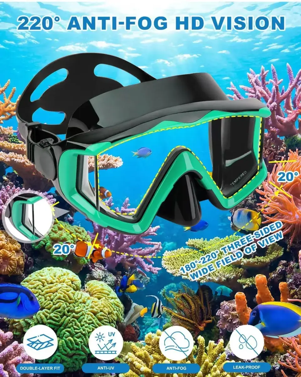 AQUA A DIVE SPORTS Adult Diving Mask - Vibrant Green & Pink, 180° Wide View Anti-Fog - view 3