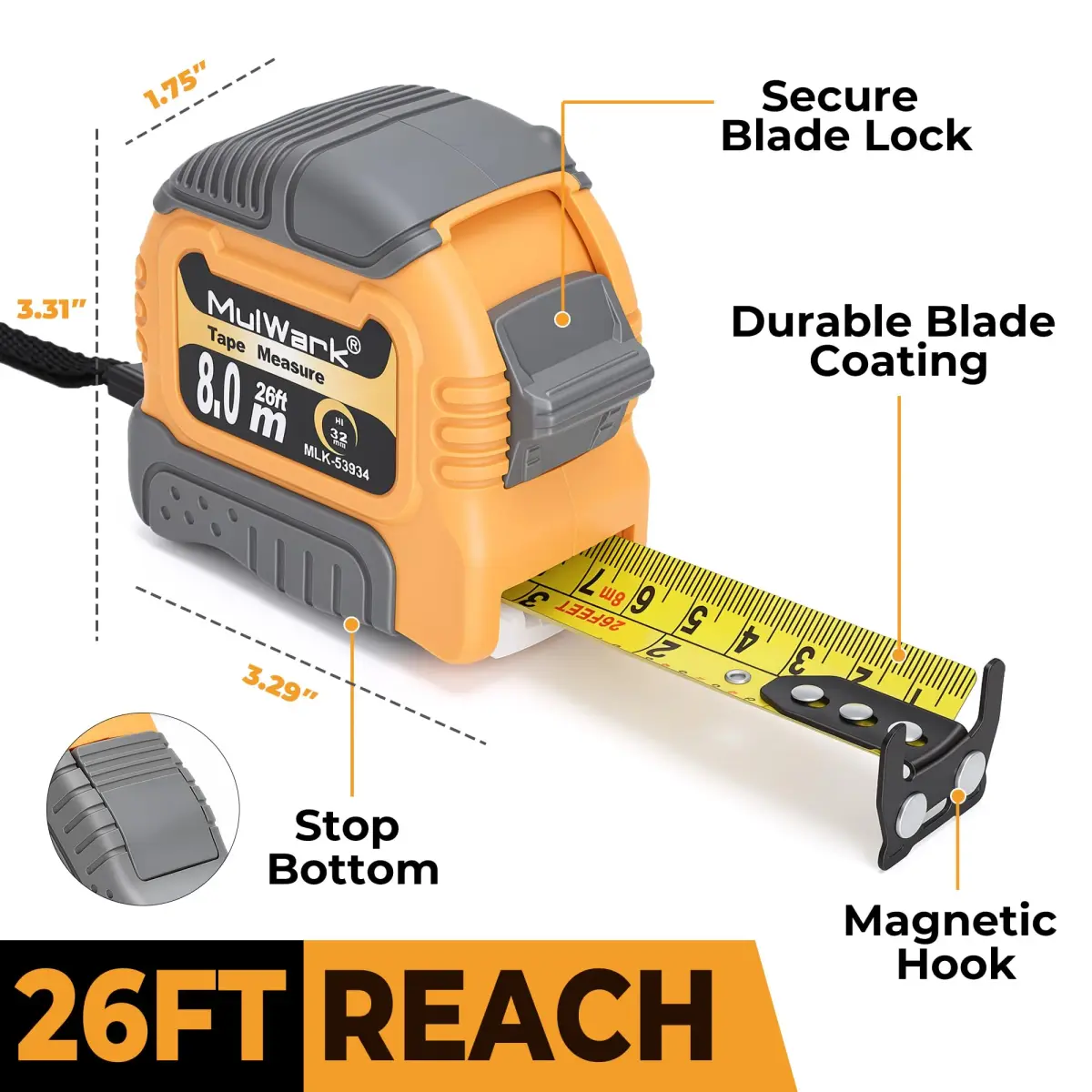MulWark Wide Tape Measure 25 ft (7.62 m) | Double Secure Blade Lock, Magnetic Hook, Both-Side Metal Blade - view 4