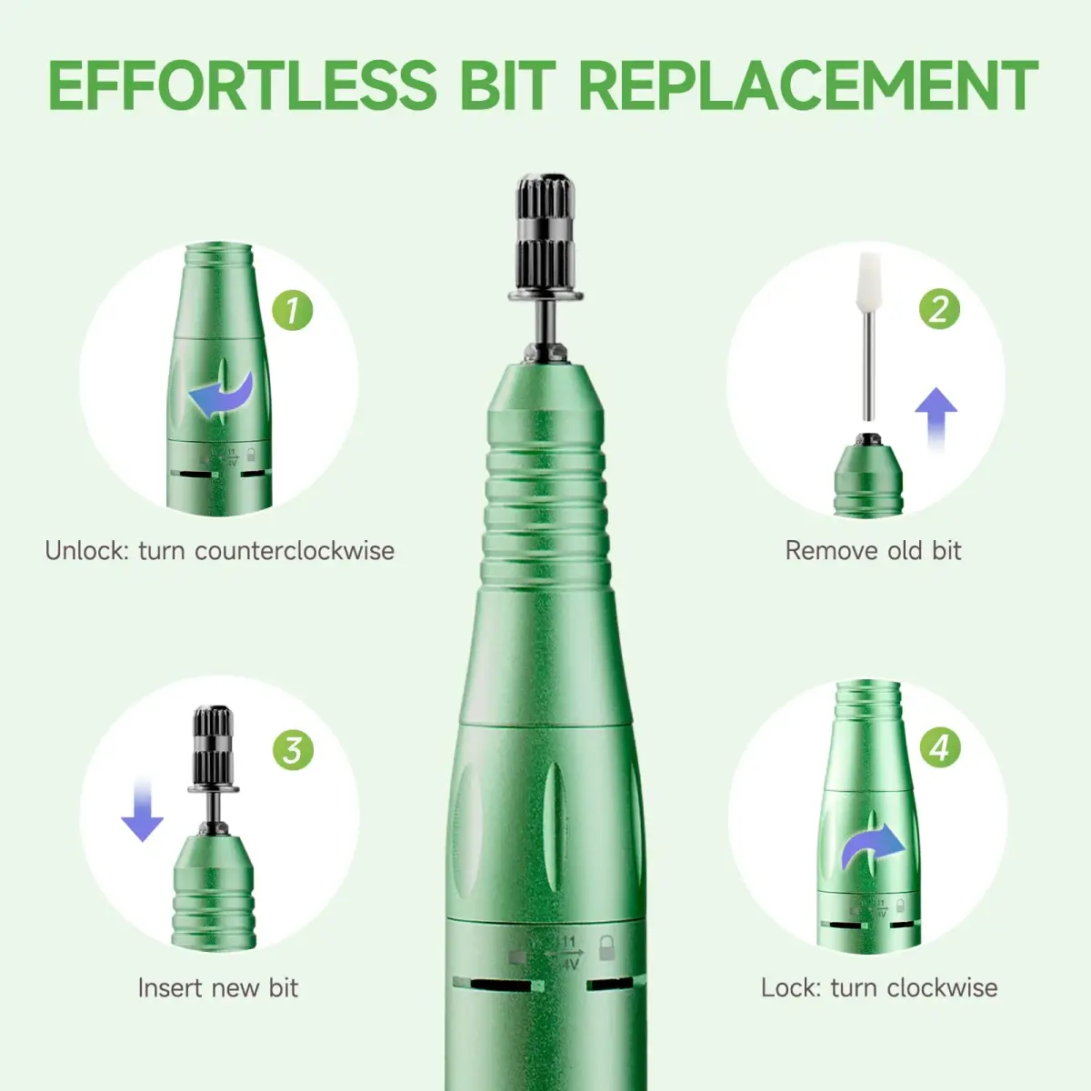 HQMPHQ Professional Nail Drill 45000 RPM Green | 11 Bits & 50 Bands - view 6