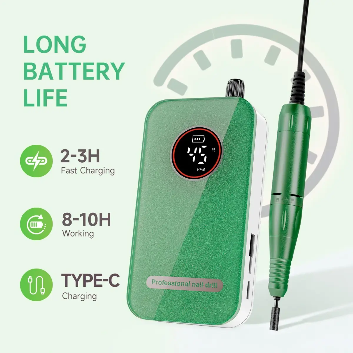 HQMPHQ Professional Nail Drill 45000 RPM Green | 11 Bits & 50 Bands - view 4