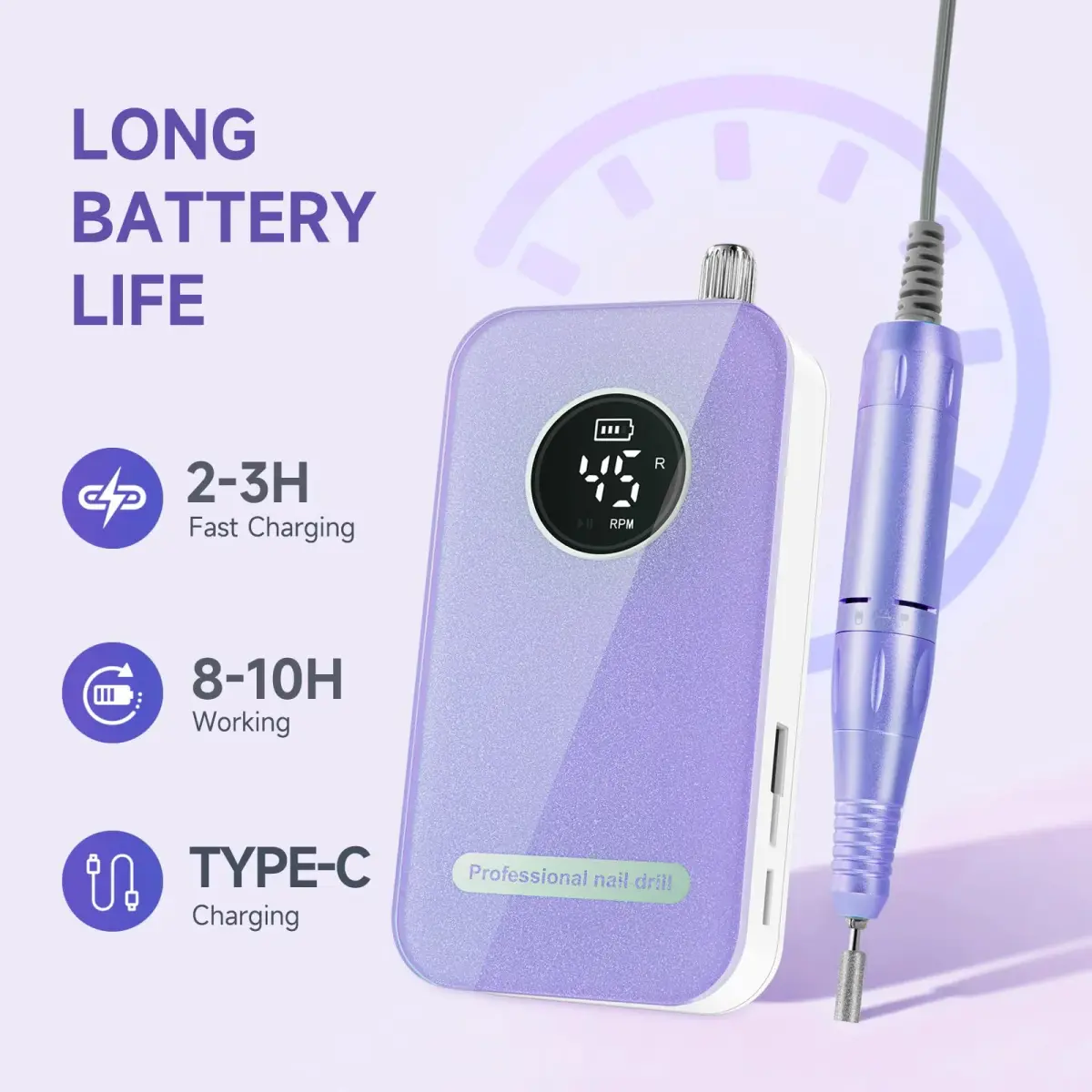 HQMPHQ Professional Nail Drill 45000RPM Purple | High-Speed Electric Nail File for Acrylic Gel Nails - view 3