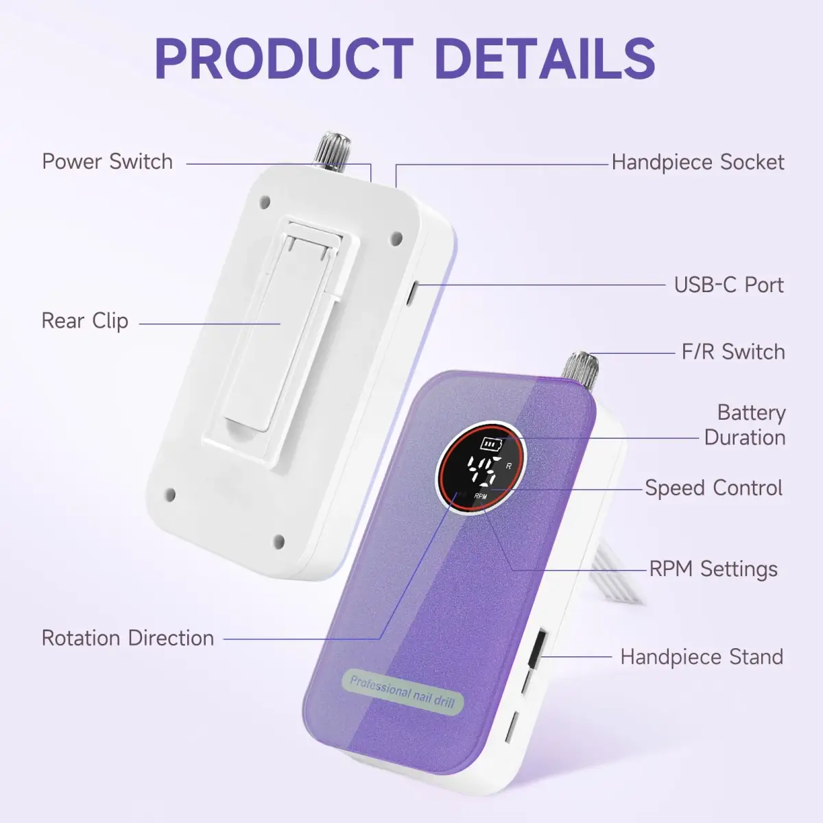 HQMPHQ Professional Nail Drill 45000RPM Purple | High-Speed Electric Nail File for Acrylic Gel Nails - view 4