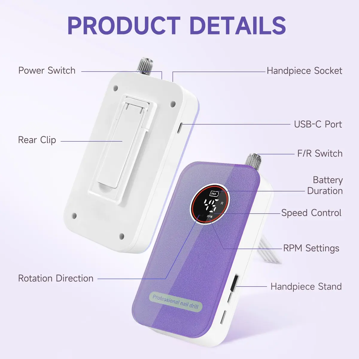 HQMPHQ Professional Nail Drill 45000RPM Purple | High-Speed Electric Nail File for Acrylic Gel Nails - view 4