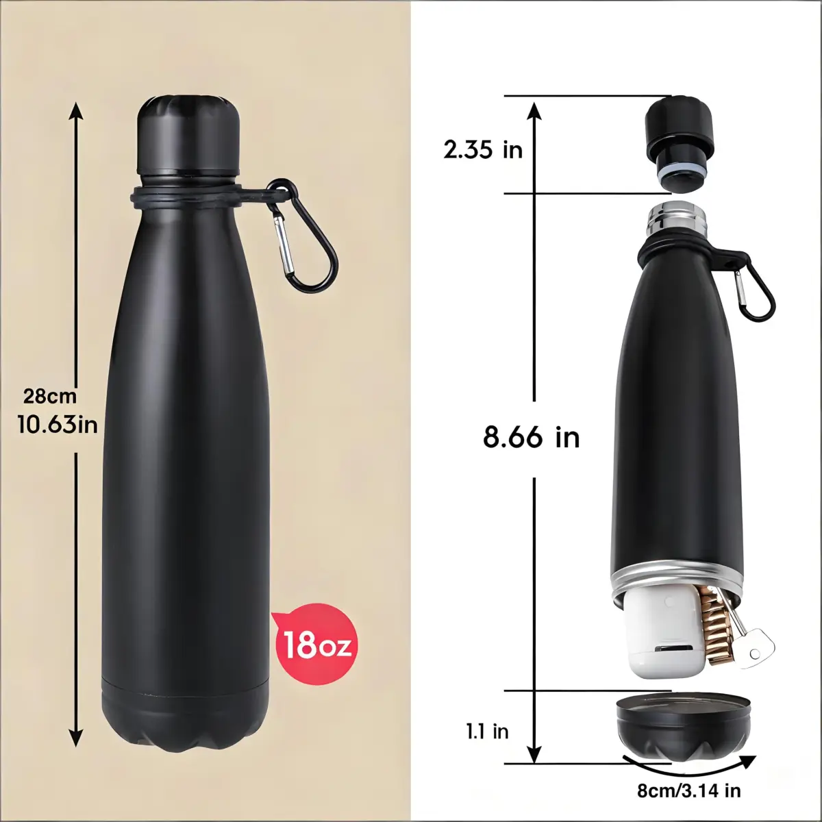 LetPetSet Black Stainless Steel Diversion Safe Water Bottle 532ml (18 Fl Oz) | Hide Valuables Discreetly - view 4
