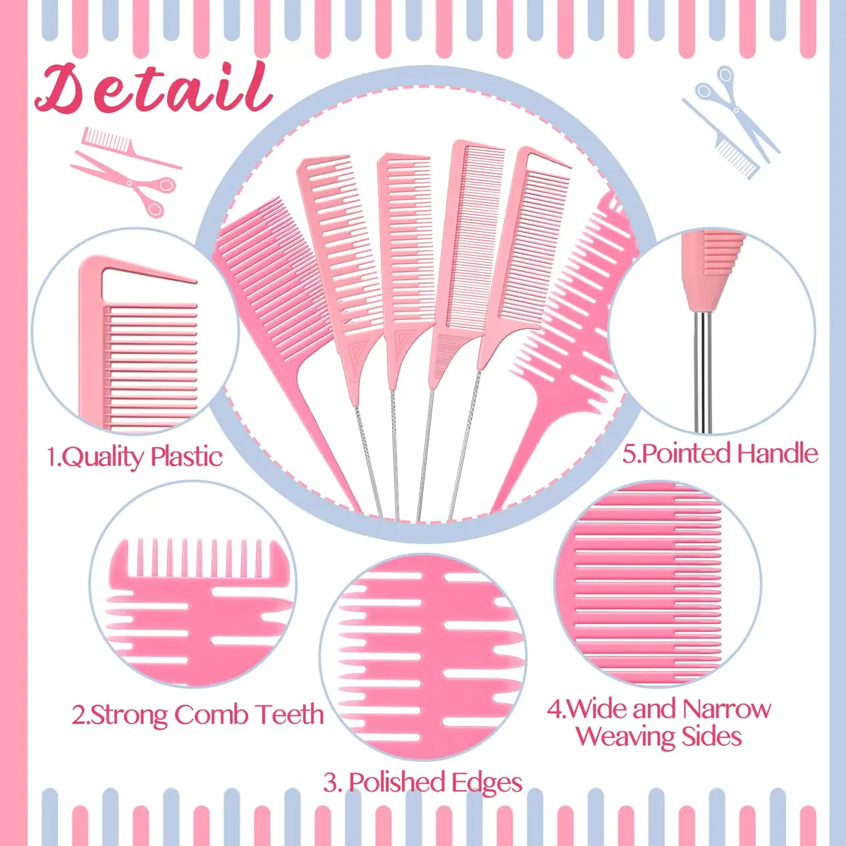 Patelai 6 Pcs Highlighting Comb Weaving, Classic Style, Pink | Multi-Functional Hair Styling Tool - view 4