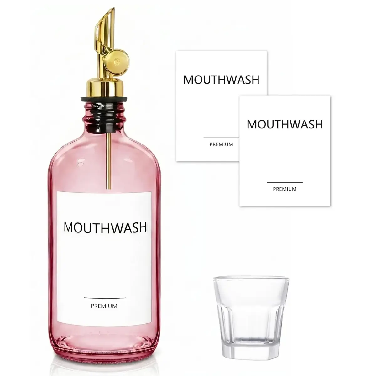 TOLDATLI Pink Glass Mouthwash Dispenser 502ml (17 fl oz) | Auto-Flip Cap for Precise Pouring - main product image