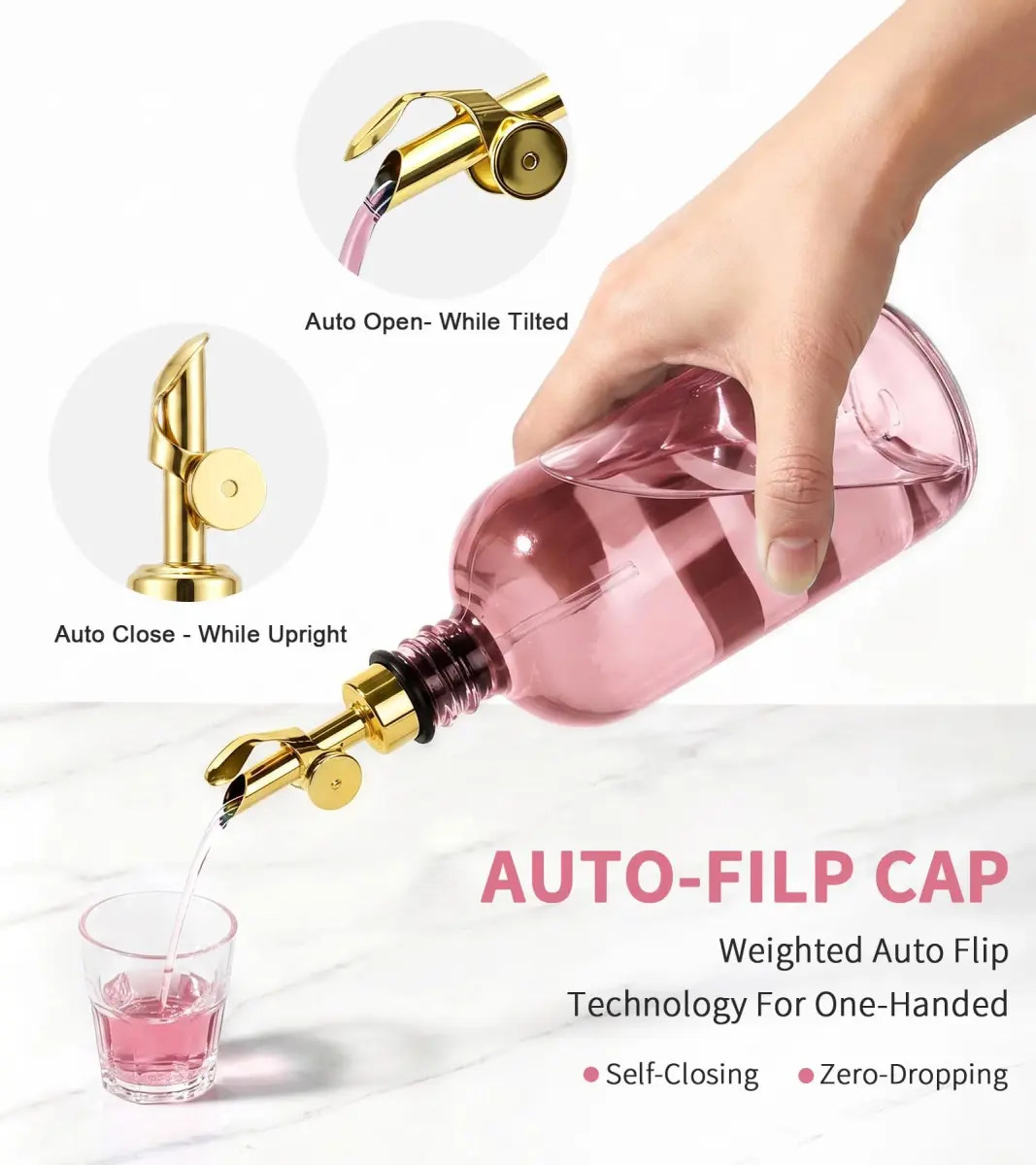 TOLDATLI Pink Glass Mouthwash Dispenser 502ml (17 fl oz) | Auto-Flip Cap for Precise Pouring - view 4