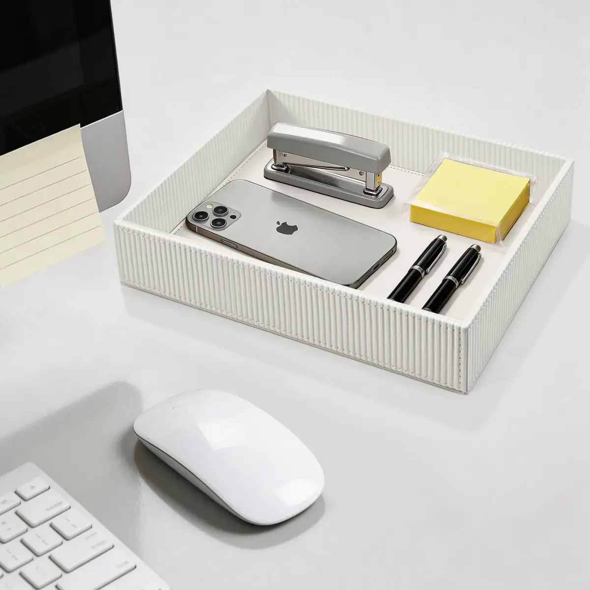 SITHON Valet Tray Desk Organizer PU Leather Catchall Stripe Pearl White 28cm (11in) x 22.5cm (8.9in) x 6cm (2.4in) | Modern Style Catchall Tray - view 5