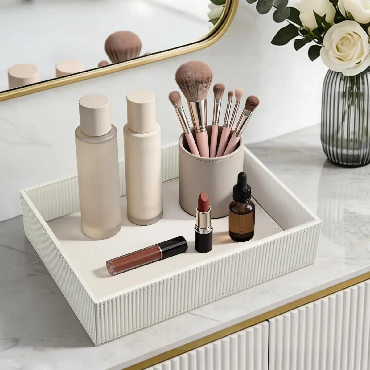 SITHON Valet Tray Desk Organizer PU Leather Catchall Stripe Pearl White 28cm (11in) x 22.5cm (8.9in) x 6cm (2.4in) | Modern Style Catchall Tray - view 6